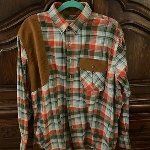Plaid Long-Sleeve Button-Down Shirt with Contrast Pocket - Olive & Rust